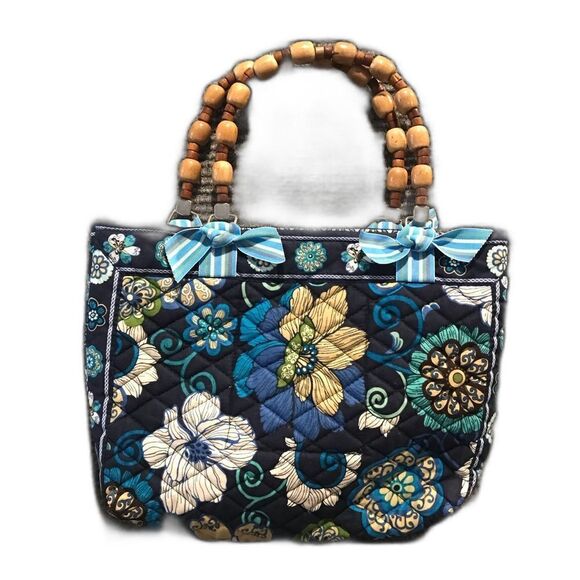 Vera Bradley Purse Mod Blue Floral Wooden Double Handle Bow Accent - Picture 1 of 7